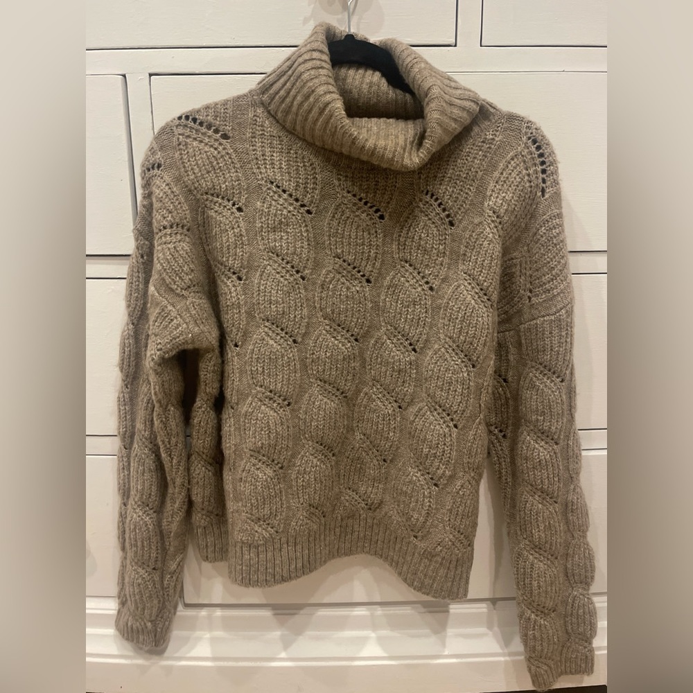 New, Pink Rose, Tan Long Sleeve Turtleneck Sweater w Woven Detailed Arms, Size M